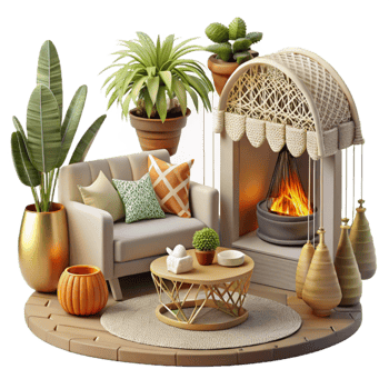Cozy Living Room with Fireplace and Plants png