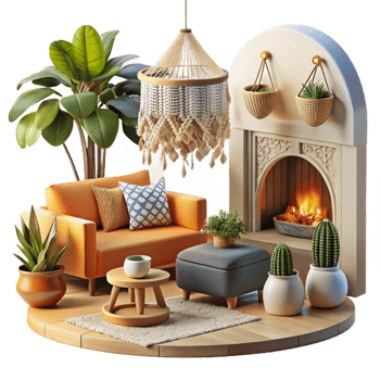 Cozy Living Room Design Fireplace, Plants Macrame png