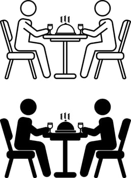Dinner Icons. Black and White Icons. Two People Eating Hot Dish and Drinking Wine. People Sitting at Table in Diner. Restaurant Concept vector