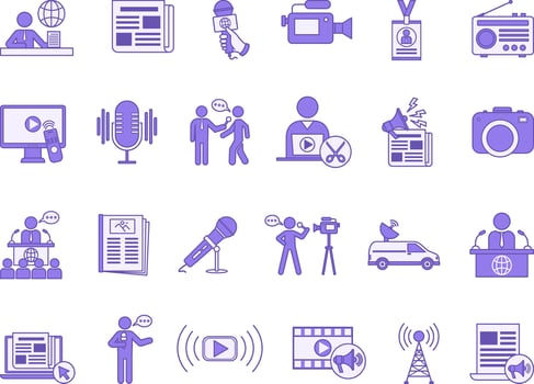 Colored Journalism Icon Set. News, Microphone, Interview, Newspaper, Editor, Journalist, Radio, Correspondent, Media, Camera, Reporter, Magazine, Live, Television, and More vector