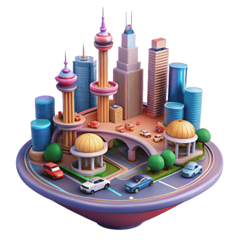 Cityscape Urban Architecture, Miniature Vehicles, and Towering Structures png