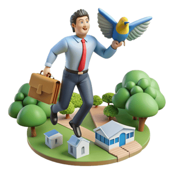 Man Leaps Towards New Home, Bird in Hand png