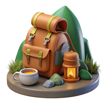 Camping Gear Backpack, Lantern, Hot Drink, Nature Scene png