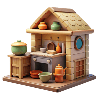 Cartoon Kitchen Miniature House, Cooking Pots, and Utensils png