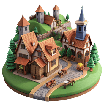 Medieval Village 3D Model Houses, Church, and Landscape png