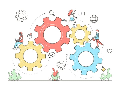 Characters People and Cogwheel Business Concept Contour Linear Style. vector