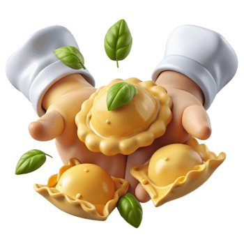 Chef's Hands Offering Delicious Ravioli with Basil png