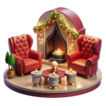 Cozy Fireplace, Festive Candles, and Armchairs A Winter Scene png