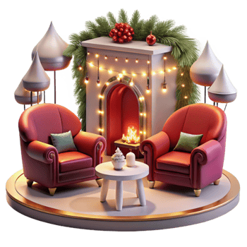 Cozy Christmas Fireplace Scene Festive Chairs Winter Decor png