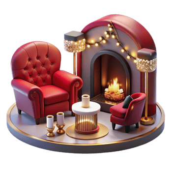 Cozy Fireplace Scene 3D Render of Festive Winter Room png