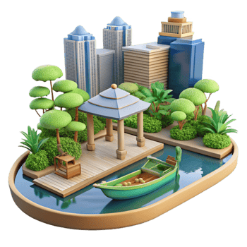 Urban Oasis Cityscape, Park, Pavilion, and Canal Boat png