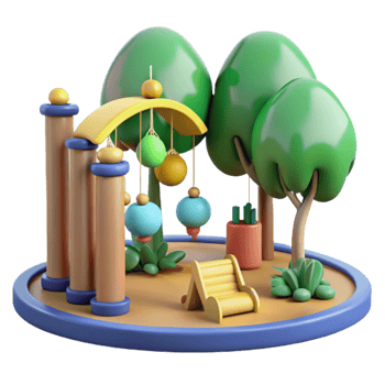 Cartoon Playground 3D Render of Play Area with Trees and Hanging Ornaments png