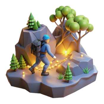 Night Hiker on Mountain Path with Lights png