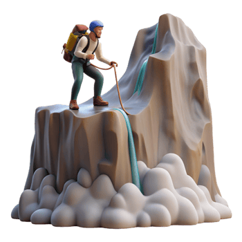 Climber Ascending Rocky Peak with Waterfall png
