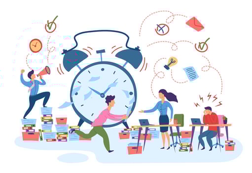 Cartoon Color Characters People Hurrying Workers and Burnout Concept. vector