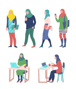 Cartoon Color Characters Muslim Women Different Types Concept. vector