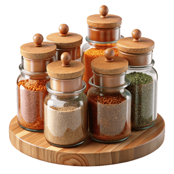 Spice Jars on Wooden Lazy Susan Kitchen Organization png