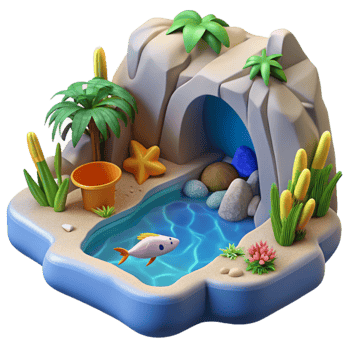 Tropical Oasis 3D Render of Fish, Plants, and Cave png