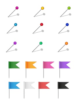 set with realistic pins and pin flags for notebook. Equipment for Organizers and planners. vector