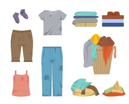 Cartoon Color Dirty and Clean Clothes Icons Set. vector