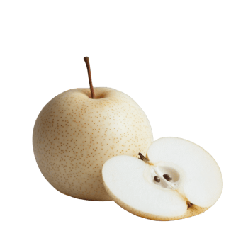 Snow pear on a Transparent background with a sliced segment revealing its crisp interior and seeds, snow pear on background png