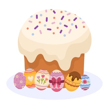 Festive Easter scene with holiday cupcake and eggs on white background, cartoon illustration for banners, cards and other designs vector