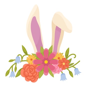Illustration cute concept bunny ears with spring different bright flowers on white background. Festive scene for easter holiday in cartoon style vector