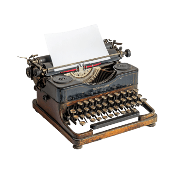 Vintage typewriter with blank paper ready for creative writing in a cozy workspace, Vintage Typewriter With Paper, Classic Writing Tool for Creating Printed Documents, Transparent background png