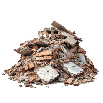 Ruined building pile isolated on Transparent background showcasing debris and rubble from construction site, Ruined building pile isolated on png