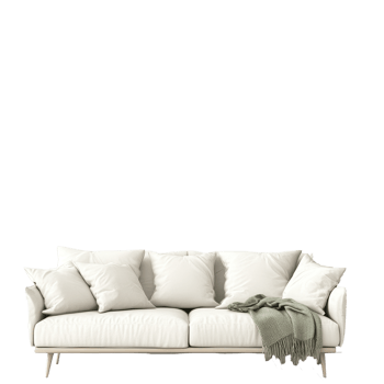 Cozy sofa with decorative pillows and greenery on a bright Transparent background, Sofa and plant on png
