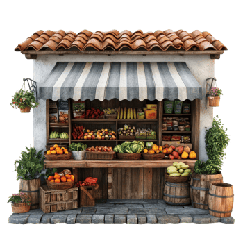Rustic grocery store offers fresh produce in a charming rural marketplace setting, Rural Marketplace A Rustic Grocery Store with Fresh Produce, Transparent background png