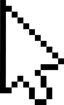 Black pixelated arrow cursor pointing diagonally upwards against a clean white background, symbolizing a classic element of computer interfaces and digital navigation vector