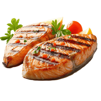 Grilled salmon steak with herbs and lemon slice served on a white plate for a healthy meal option, Salmon grilled roast steak isolated on Transparent background, background png