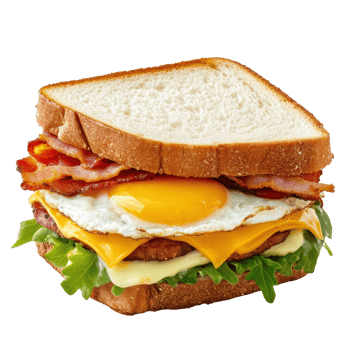Savory bacon, egg, and cheese sandwich served on fresh bread, perfect for breakfast or lunch, Sandwich with bacon, cheese and egg isolated on Transparent background, background png