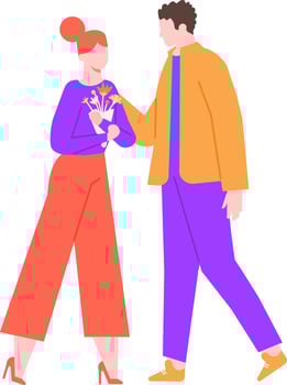 Young man giving flowers to young woman while walking together, romantic relationship, first date, love and tenderness, celebrating anniversary vector