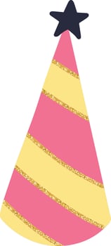 Festive party hat featuring diagonal pink and yellow stripes with golden glitter accents and a dark star on top, perfect for celebrations and joyful occasions vector