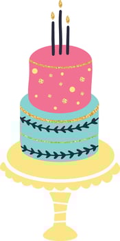 Two tiered birthday cake with lit candles and gold glitter decorations, pink and light blue colors, sitting on a yellow cake stand, isolated illustration on white background vector