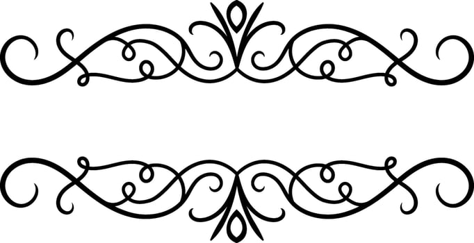 Two mirrored swirling and elegant calligraphic flourishes create a decorative frame with copy space, ideal for wedding invitations or vintage style designs vector