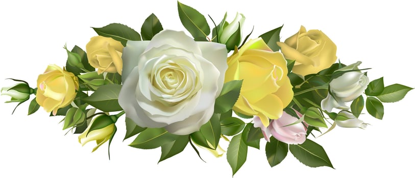 Beautiful floral arrangement featuring yellow and white roses with lush green leaves. Perfect for wedding decor, romantic settings, or nature themed designs vector