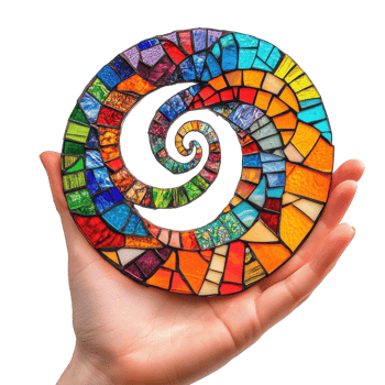 Vivid mosaic art piece held in hand, showcasing colorful spiral shapes and intricate designs, Vivid Mosaic Art Hand Holding a Colorful SpiralShaped Structure Swirling Patterns, Transparent png