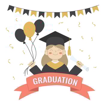 Graduation Girl in a Cap and Gown with a Diploma and Balloons in her hands. Festive Flags and a red Banner Graduation vector