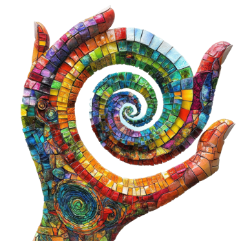 Vivid mosaic art displays a hand holding a colorful spiral shape in bright patterns, Vivid Mosaic Art Hand Holding a Colorful SpiralShaped Structure Swirling Patterns, Transparent background png