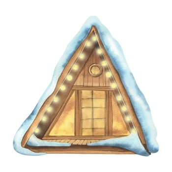 Triangular wooden houses for outdoor recreation cozy with snow-covered roofs and decorated with garlands of lights. Watercolor winter illustration hand drawn. Element isolated from background. vector