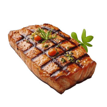Grilled salmon steak with herbs and garnish on clean white backdrop, Salmon grilled roast steak isolated on Transparent background, background png