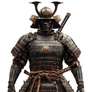 Samurai armor with helmet and katana on a Transparent background showcasing traditional Japanese warrior attire, Samurai Armor with Helmet and Katana, png