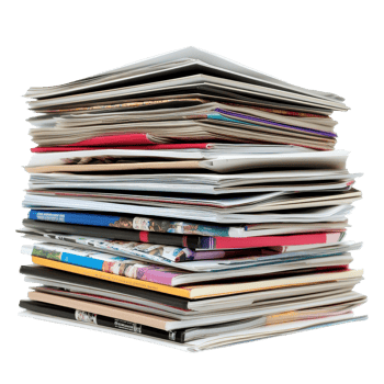 Neatly stacked papers and magazines with a clean Transparent background showcasing various publications and colors, Stack papers and magazines, background png