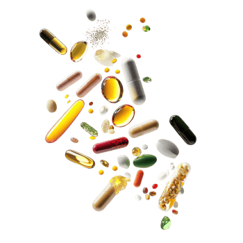 Assorted vitamins and supplements scattered on a Transparent background for health and wellness, vitamins bisolated on background png