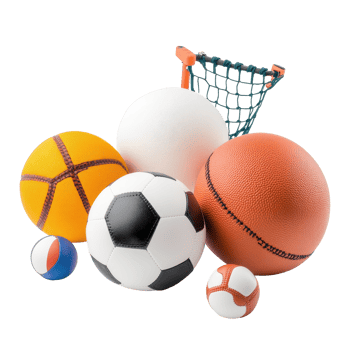 Variety of sports balls and equipment arranged on a clean Transparent background for recreational activities, Sports Equipment isolated on background png