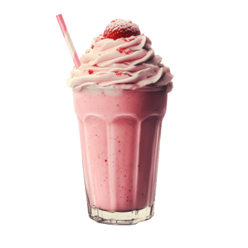 Delicious strawberry milk shake topped with whipped cream and a cherry on a clean Transparent background, strawberry milk shake, png