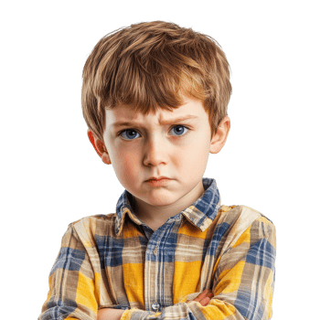 Sad boy in a plaid shirt expressing frustration with arms crossed, showing mood challenges, sad kid boy in a bad mood or sick and has problems, file of isolated object on White background png